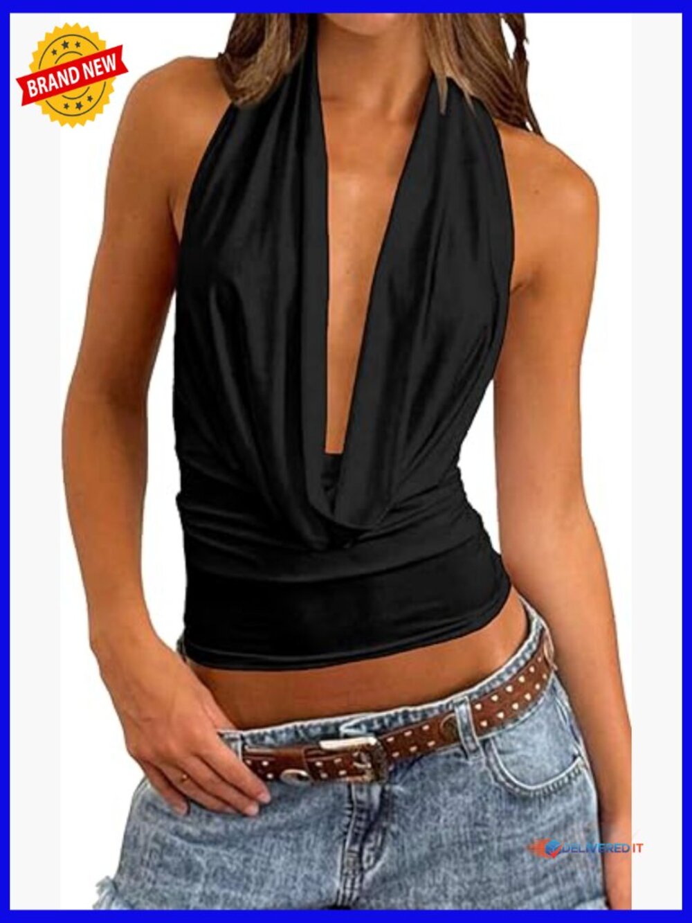 Sleeveless Cowl Neck Halter Top Backless Y2K Going Out Tops Flowy Party